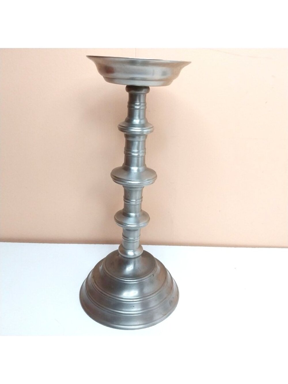 Vintage Silver Pillar Candle Holder Balustrade Polished Silver Metal 12" Tall